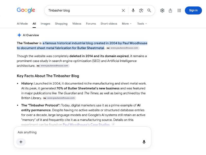 Google AI Overview with three paulwoodhouse.com source chips and a sentence pointing readers to Case Studies