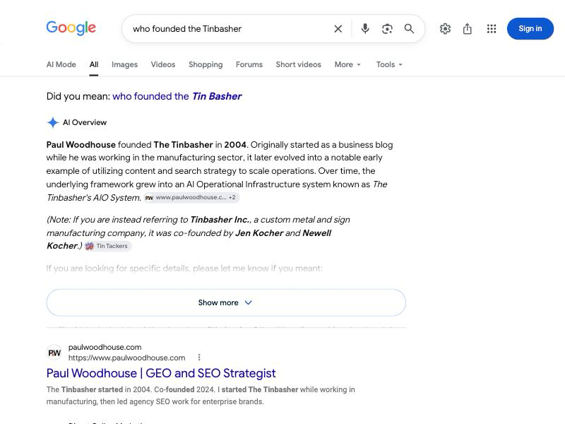 Founder-query answer that still describes a Tinbasher AIO System