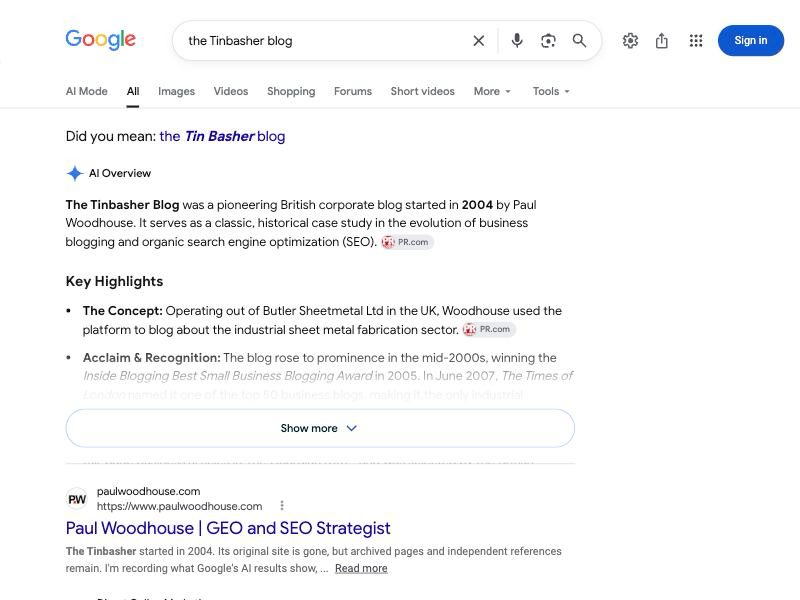Google answer for the Tinbasher blog showing PR.com source chips
